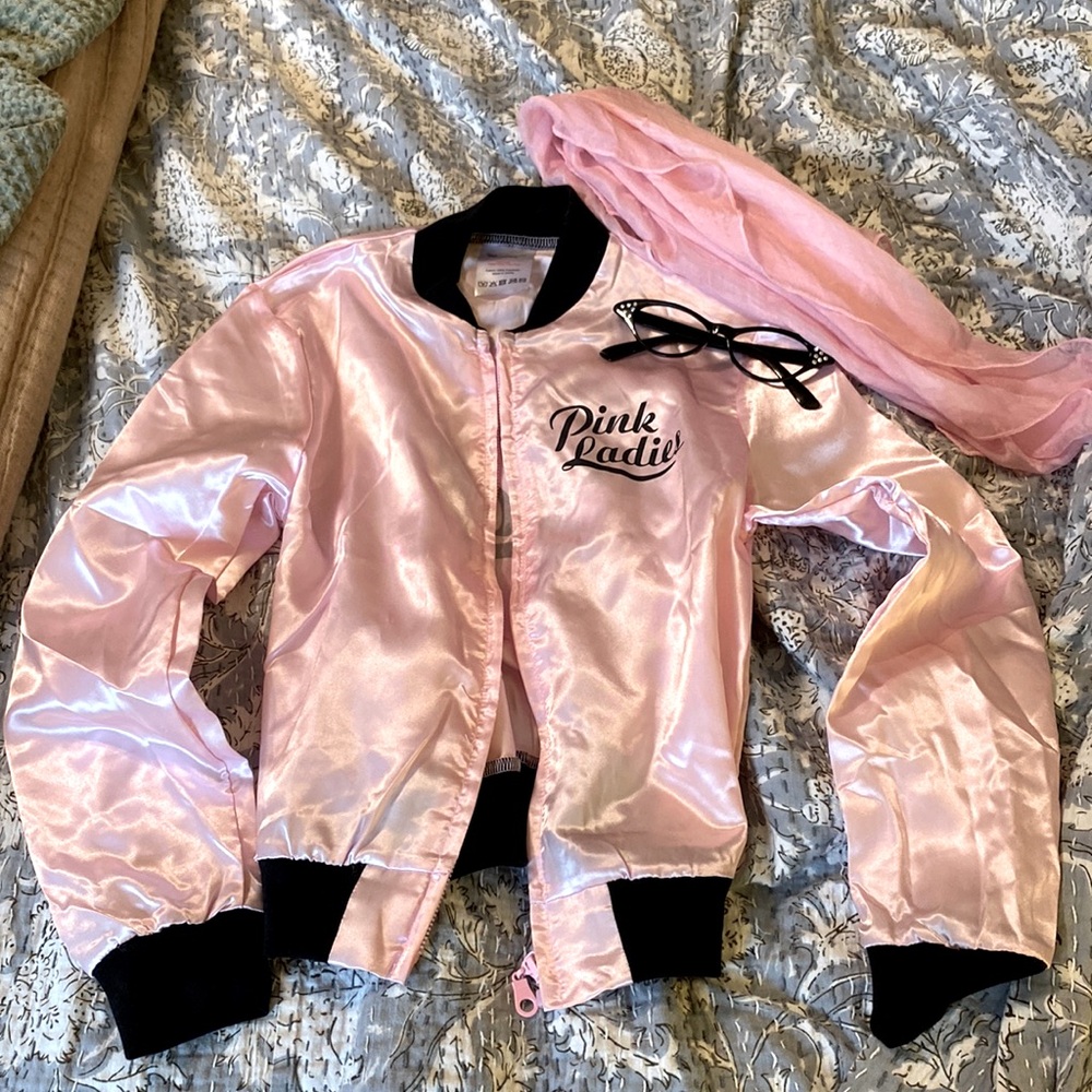 Little girls 50s themed pink lady outfit- jacket, glasses, scarf size 6-8 kids
